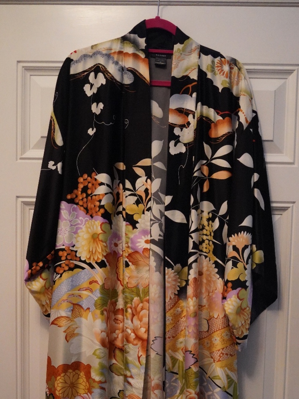 Natori Silk-Feel Floral Kimono Robe M Long Black Multicolor Saks Fifth Avenue